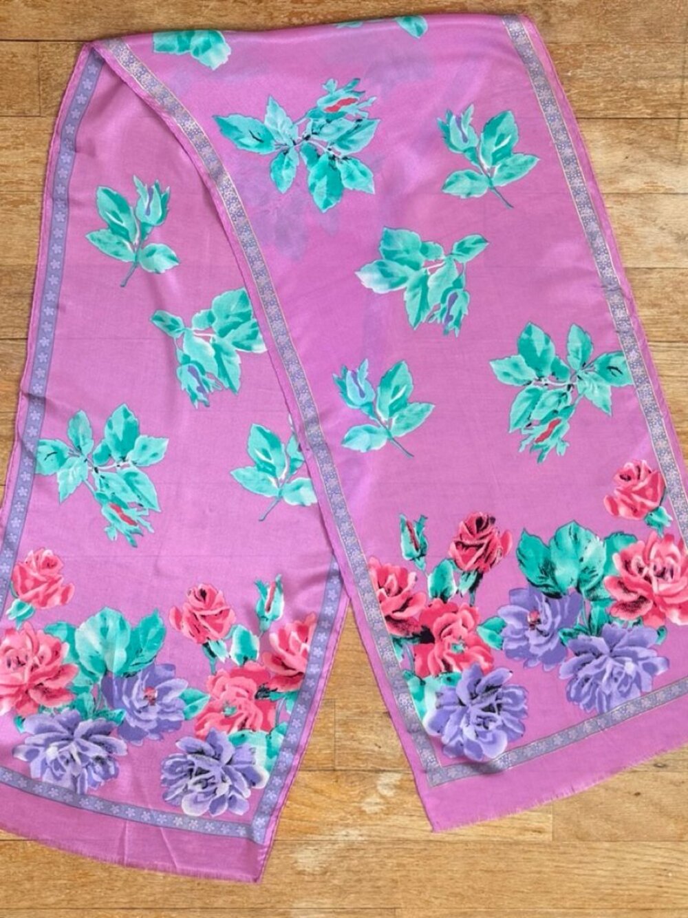 Vintage Floral Silk Scarf Purple Teal Pink Made Japan Long Rectangle 11 x 50 in